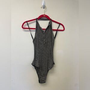 Urban Outfitters Out From Under Snap Front Halter High Neck Striped Bodysuit